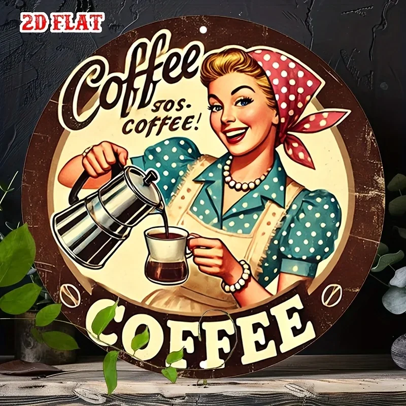 Panneau de café en fer rond rétro « Café, café, café ! » Art mural rustique avec illustration de barista vintage pour la décoration de la maison et du garage