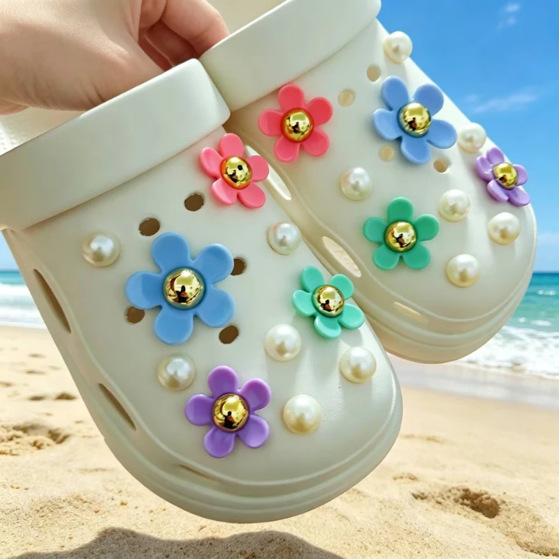 DIY Hole Shoes Charms Set Sweet Daisy & Pearls Garden Shoe Accessories Designer Shoe Decor for Girls Lovely Shoe Gift Set