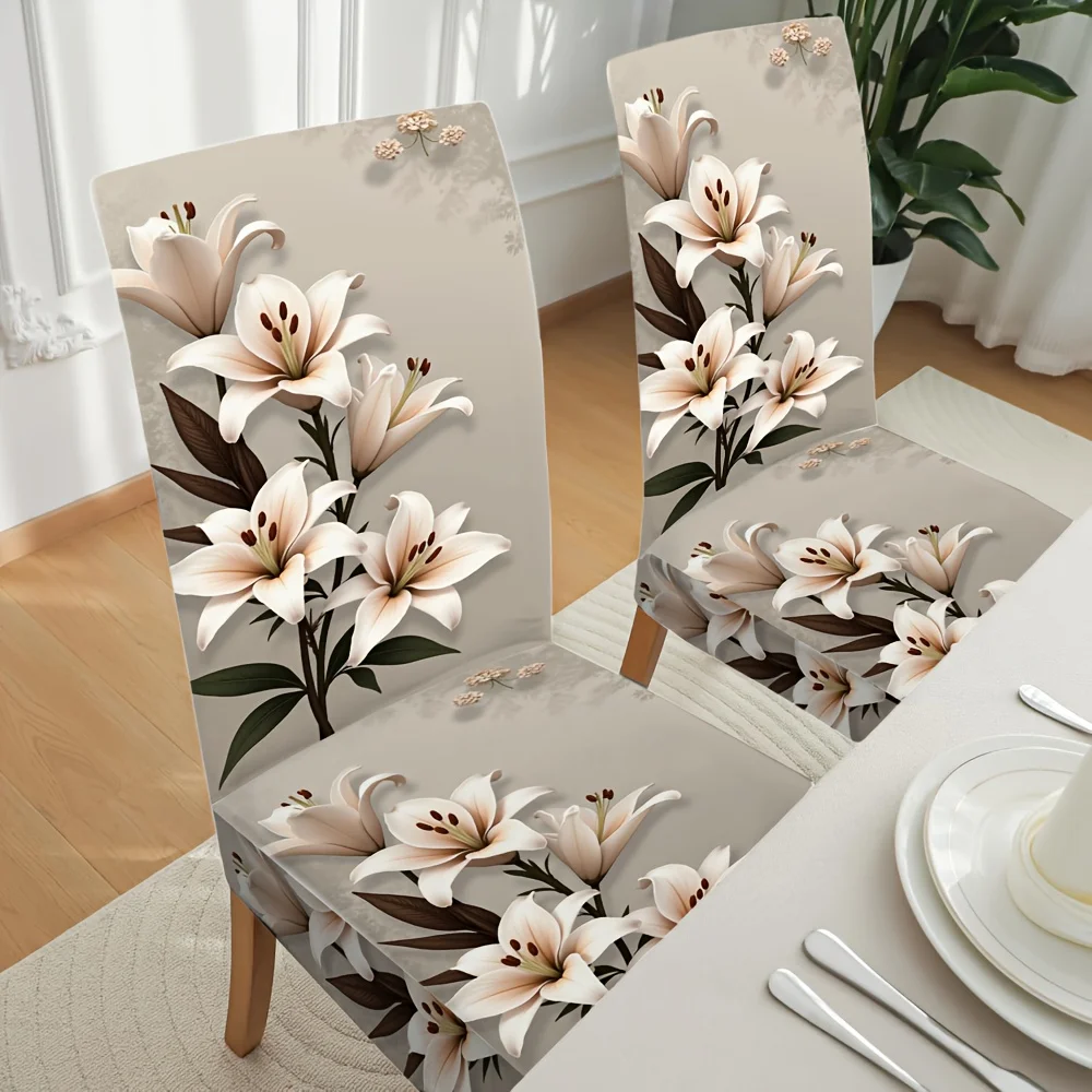 2/4/6pcs Lily Floral Print Stretch Dining Chair Cover, Elastic Removable Slipcover for Kitchen