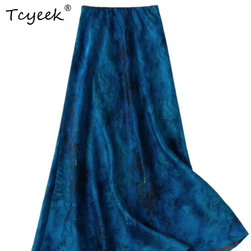Tcyeek 100% Real Silk Long Skirts for Women 2026 Spring Vintage and Elegant Fishtail Skirt Woman Clothing Faldones Para Mujer