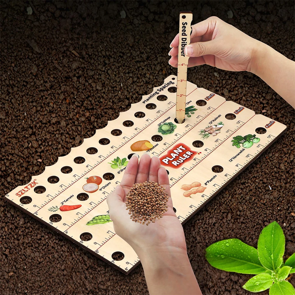Wooden Plant Ruler with Seed Dibber Multifunction Seed Spacing Ruler Portable Garden Ruler with Plant Dibber with Planting Guide