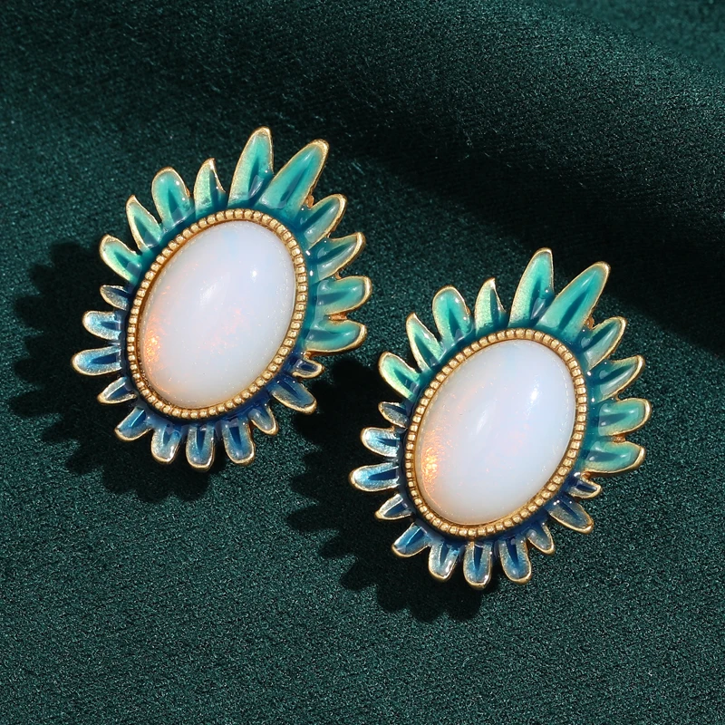 

Unique Glaze Sunflower Stud Vintage Earrings Large Colorful Inlaid Opal Designer For Women Retro Charm 2026 Mother Day Gifts New