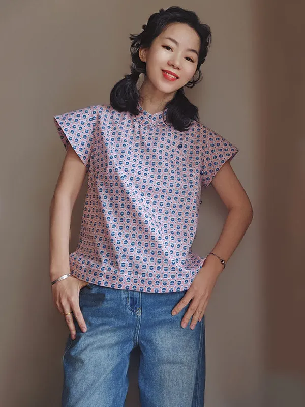 

Оригинальная ретро-блузка в китайском стиле из чистого хлопка с цветочным принтом, воротником-стойкой, асимметричным подолом и рукавами-крылышками, летняя новинка