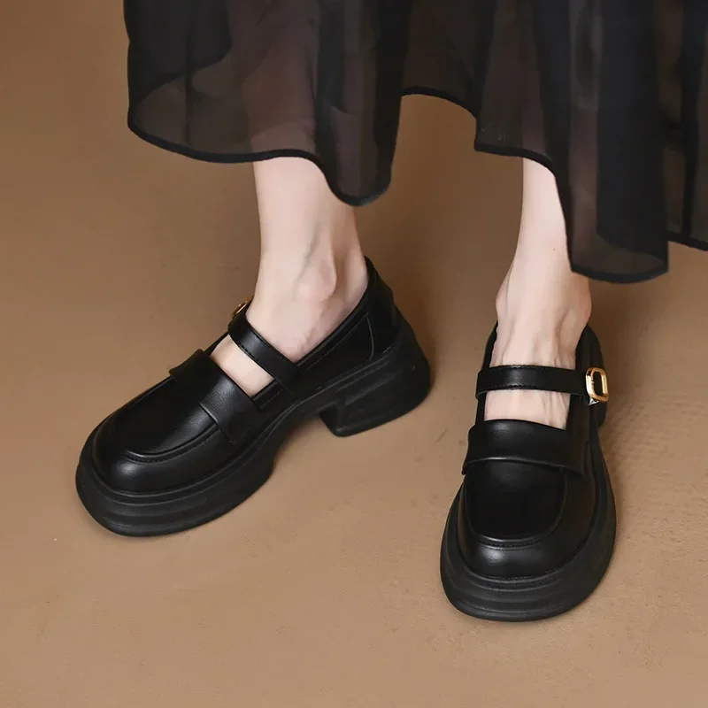 

Black Casual Zapatos Mujer Loafers Female Footwear Round Toe Oxfords British Style Platform Slip-on Pumps Thick Heel Mocasines