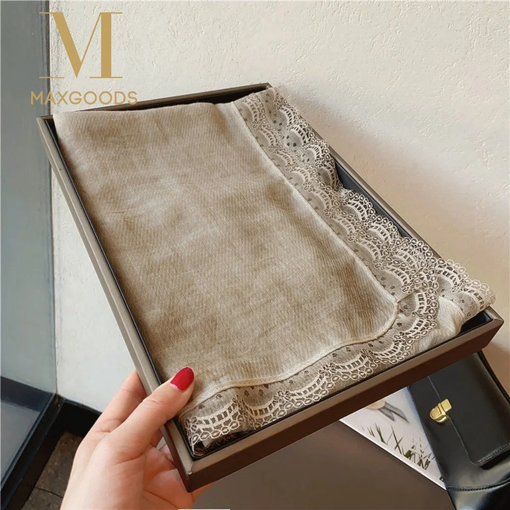 

Элегантный льняной шарф с кружевной отделкой, однотонный, с кружевным краем, из хлопка и льна, дышащие шали и накидки для женщин