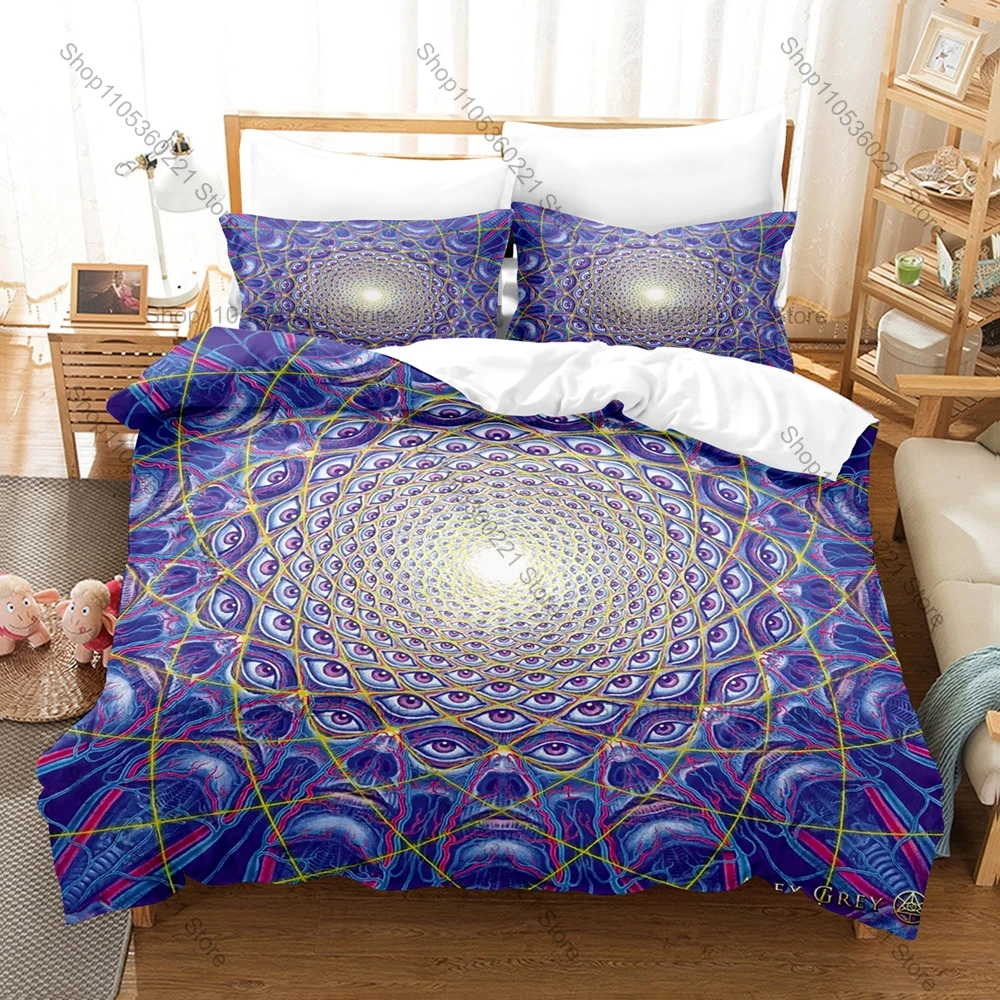 All Over Ankh Psychedelic Art Duvet Cover + 2 Pillowcases, Colorful Printed Bedding Set Soft Fabric for Bohemian Room Decoration