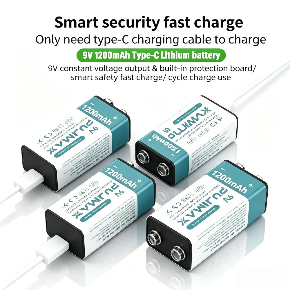 Rechargeable 9V Lithium Battery 1200mAh Type-C Fast Charging