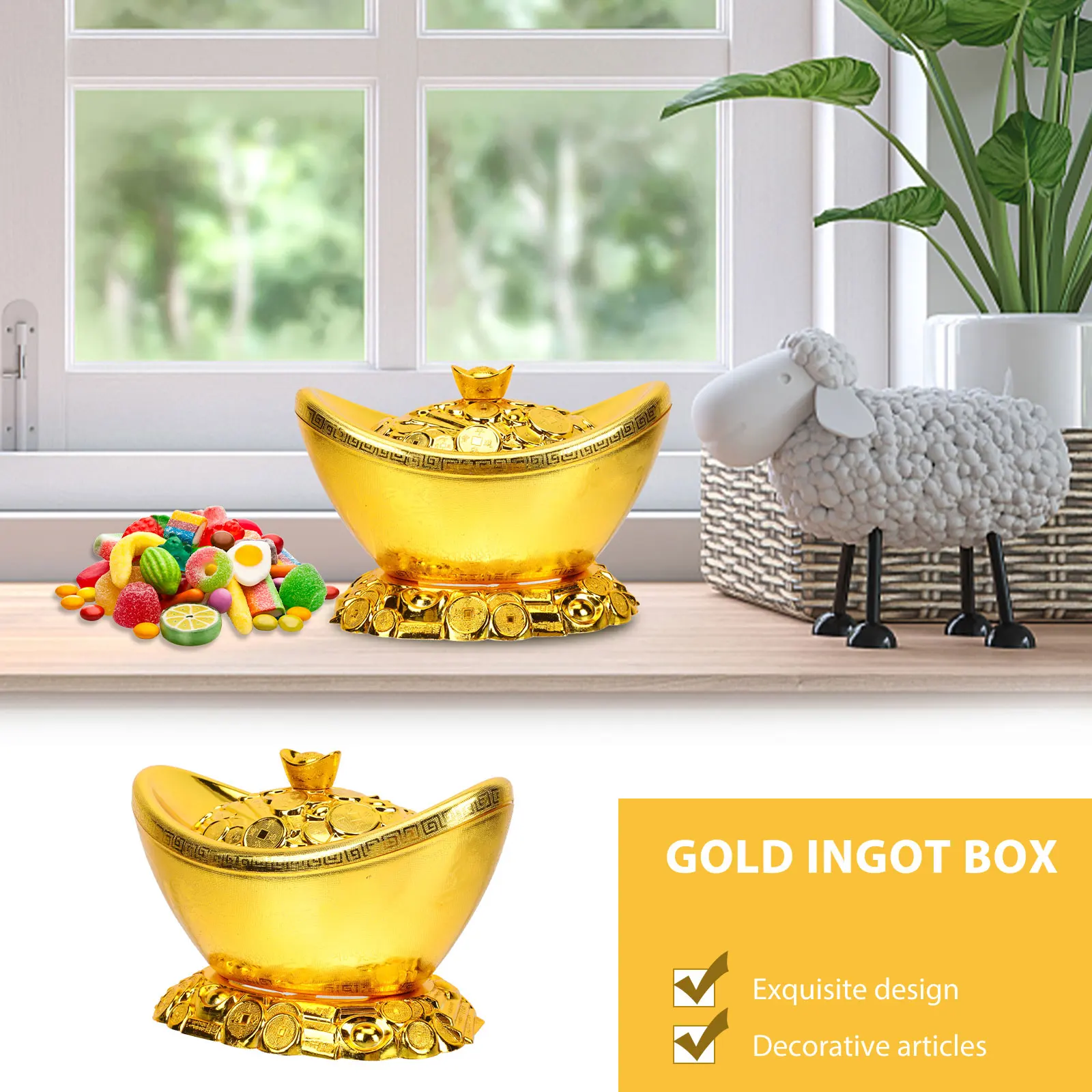 

1pc Sturdy Gold Ingot Ornament Wedding Candy Box Party Favors Storage Container Decorative Gift Feng Shui Living Room Decoration
