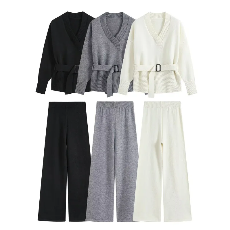 Maxdutti Southern French Minimalist Lazy Slim Waistband Cinched Cardigan Sweater Knitted Jacket Wide Leg Pants Set Women's Suit