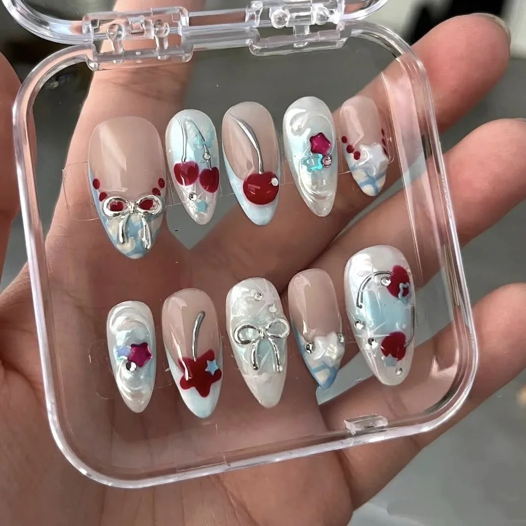

24PCS Y2K Cute False Nails with Summer Fruit Cherry Bow 3D Almond Press on Nails Sweet Cool Style Spicy Girls Removable Nail Art