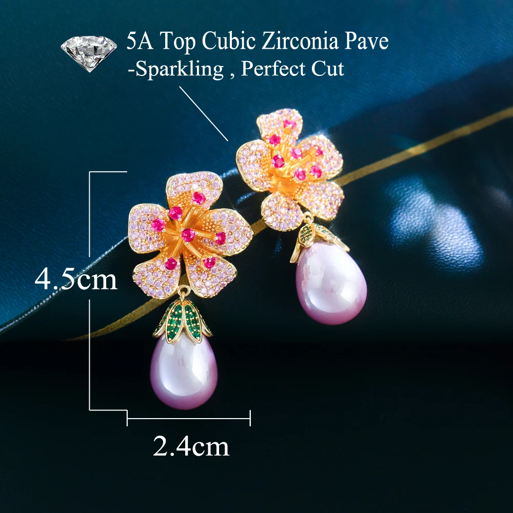 CWWZircons Glamorous Pink Red Cubic Zirconia Pave Geometric Flower Drop Pearl Earrings for Women Pageant Wedding Party CZ738