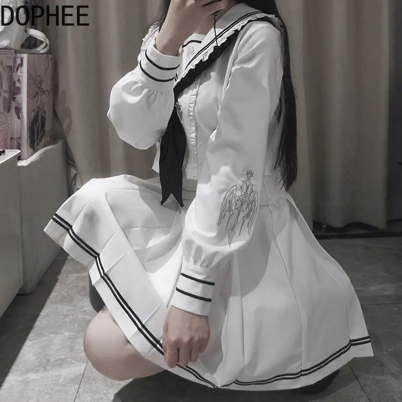 Japanese Subculture Sailor Suit Skirt Set Double-breasted Short Sleeve Crop Cardigans Top + Preppy Style JK Pleated Skirts Set