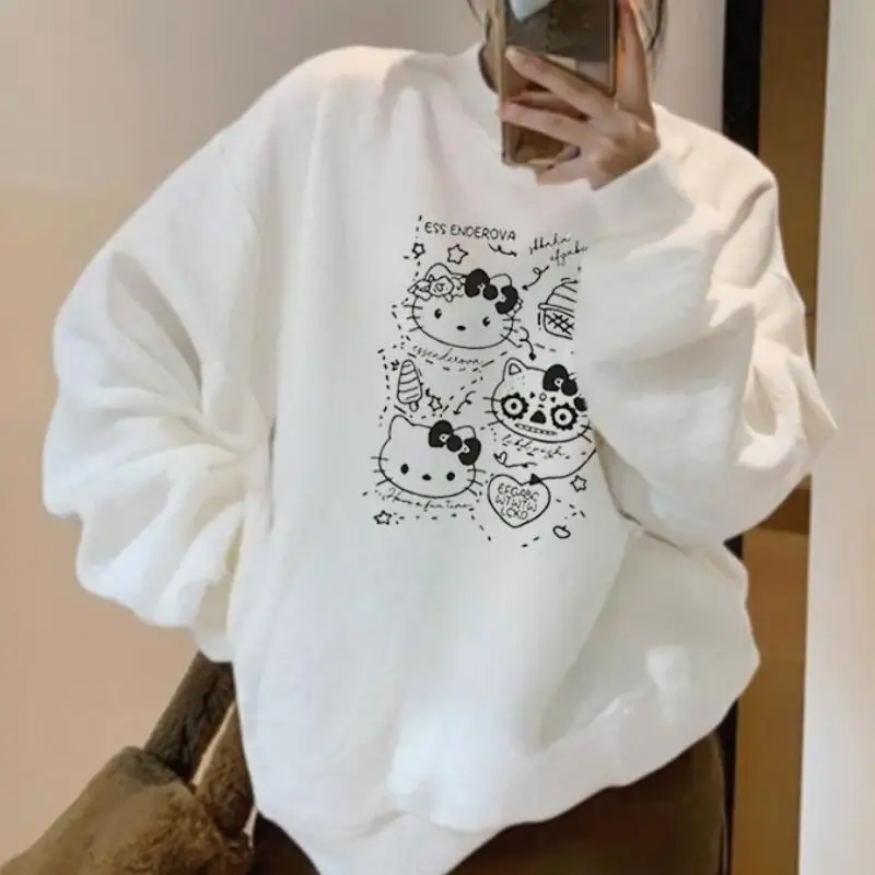 T-shirt da donna a maniche lunghe ad asciugatura rapida American Retro Kitty Cat in primavera e autunno, nuovo top stile college ampio e pigro