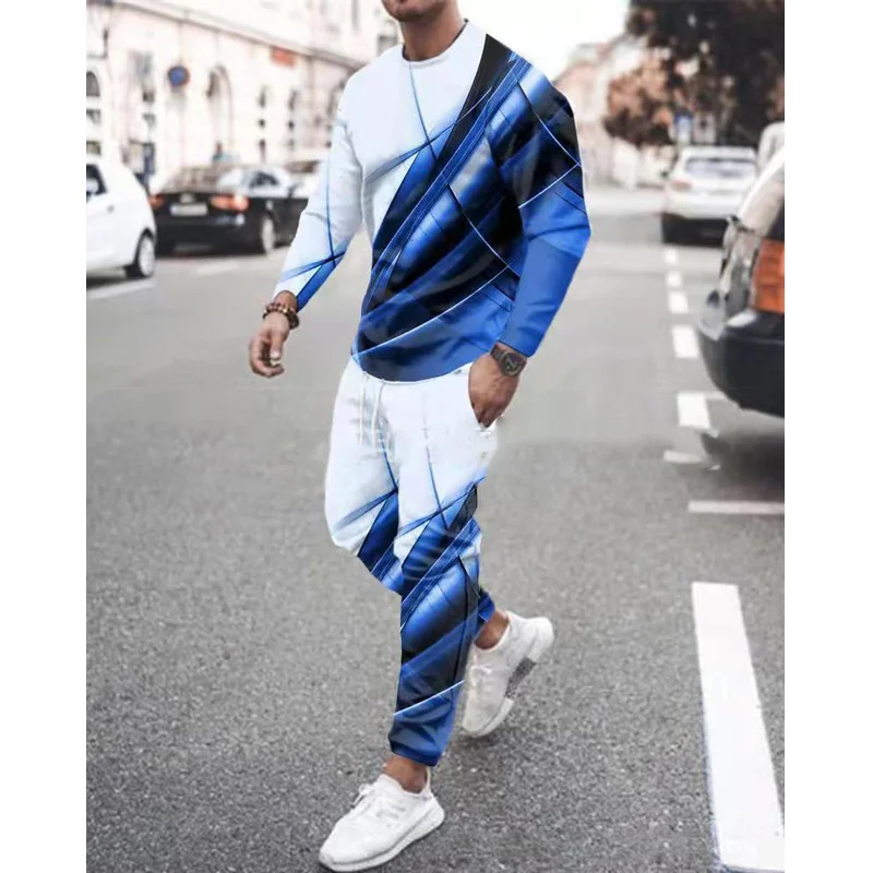 Spring Autumn Men\'s Tracksuits Tshirt Set Print Long Sleeve Outfits Streetwear Casual Clothing Male Oversized Pants 2 Piece Suit