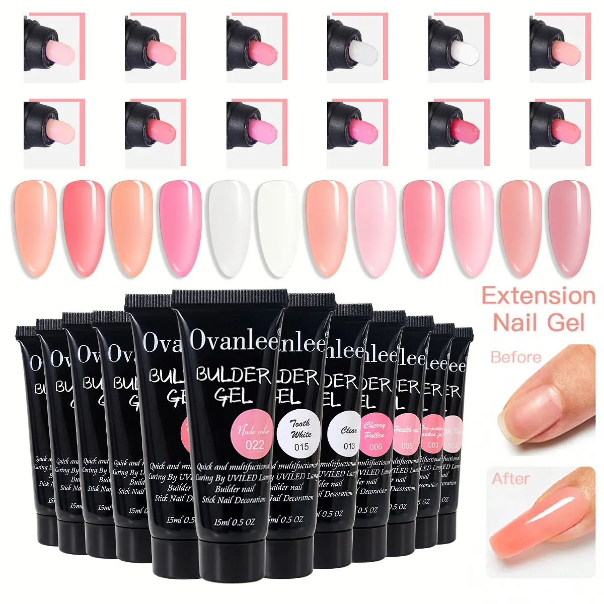 Ovanlee 18-Piece Nail Builder Gel Kit with Mini UV/LED Lamp – Form-Free 12 Colors 15ml Polygel Set, Slip Solution & Complete Tools for Direct Nail Strengthening & DIY Extensions