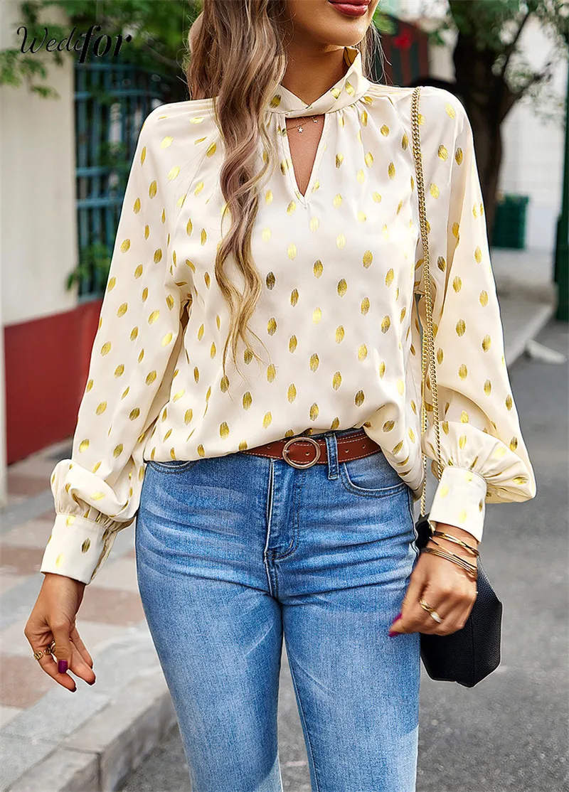 

Wedifor Elegant Printed Women Blouse Lantern Sleeve Cut Out Loose Casual Shirt Fashion Autumn Winter Ladies Pullovers Tops