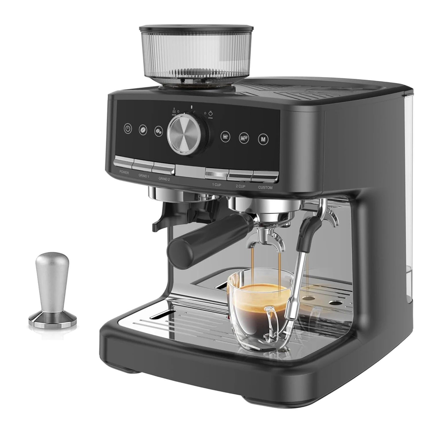 15-Bar-Espressomaschine mit Mahlwerk/Milchschäumer, Kaffeemaschine mit 1,5 l Wassertank, 30 Mahleneinstellungen für Latte Cappuccino