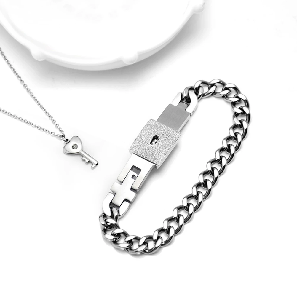 

2pcs Couple Locks Bracelet And Necelace Lettering Bracelets Stainless Steel Jewelry Set Romantic Gift Necklace