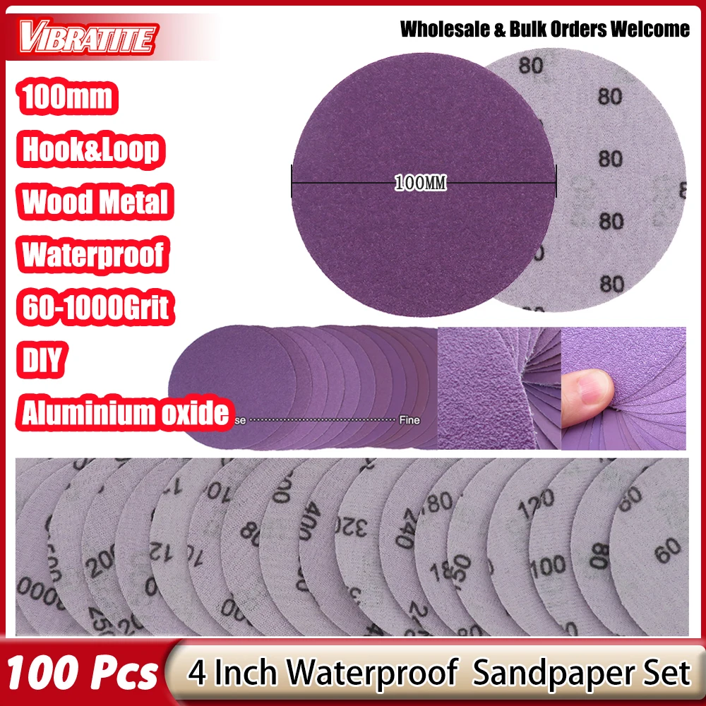 VIBRATITE 4 Inch 100mm Purple Sanding Disc Hook & Loop Waterproof Sandpaper Aluminum Oxide Abrasive Disc 60#-10000#
