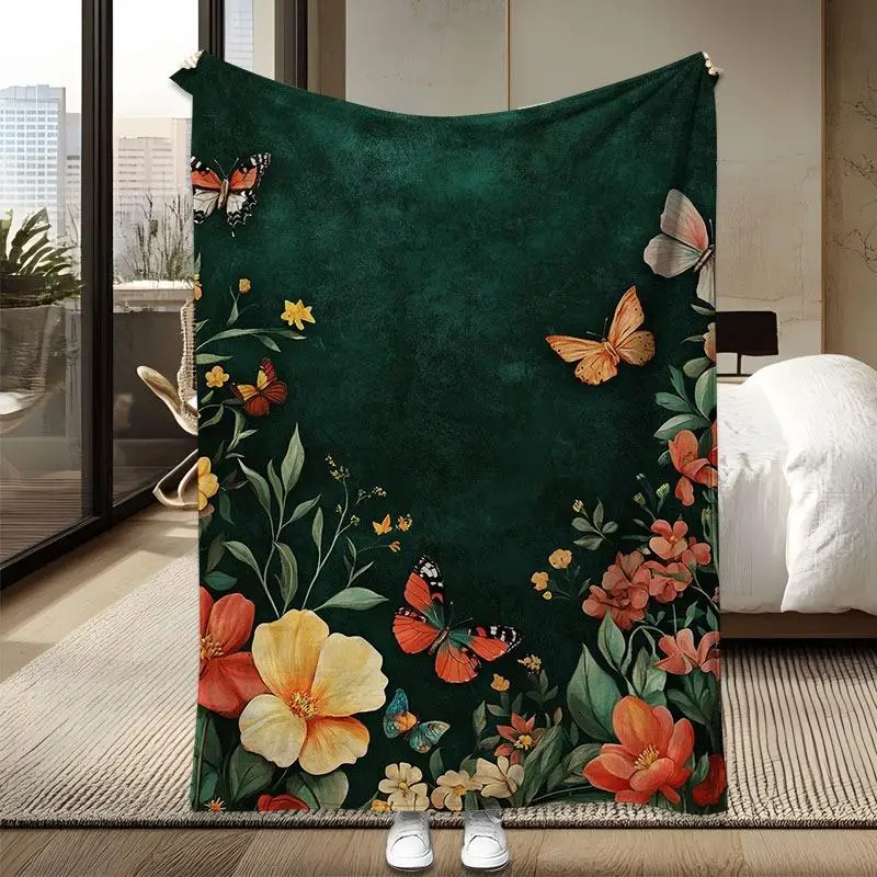 Bright butterfly and flower patterns Flannel printed blanket suitable for all seasons suitable for living office sofa and travel