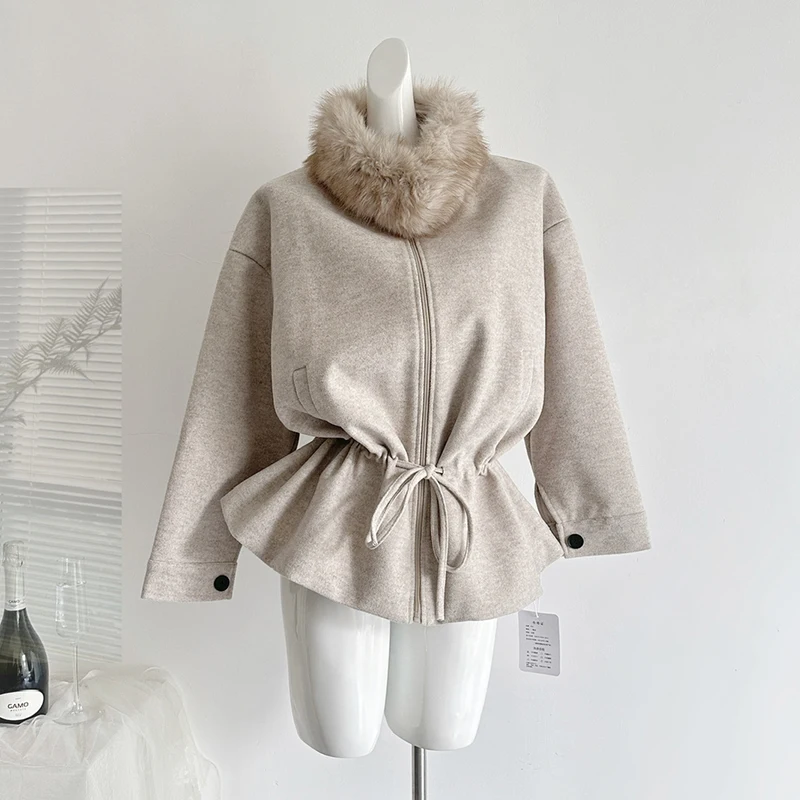 Fur Wool Overcoat Women's Woolen Blend Coat Office Lady Elegant Double-sided Coat 2026 Cardigan Jackets Autumn Winter Outerwear