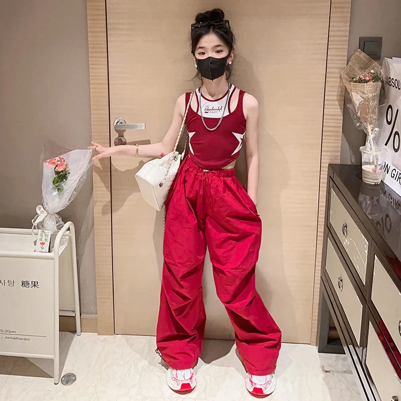 Teenage Girls Casual Wear Star Vest Tops + Wide Leg Cargo Pants Suits Hip Hop Kids Sweatpants Pockets Joggers Trousers Tracksuit