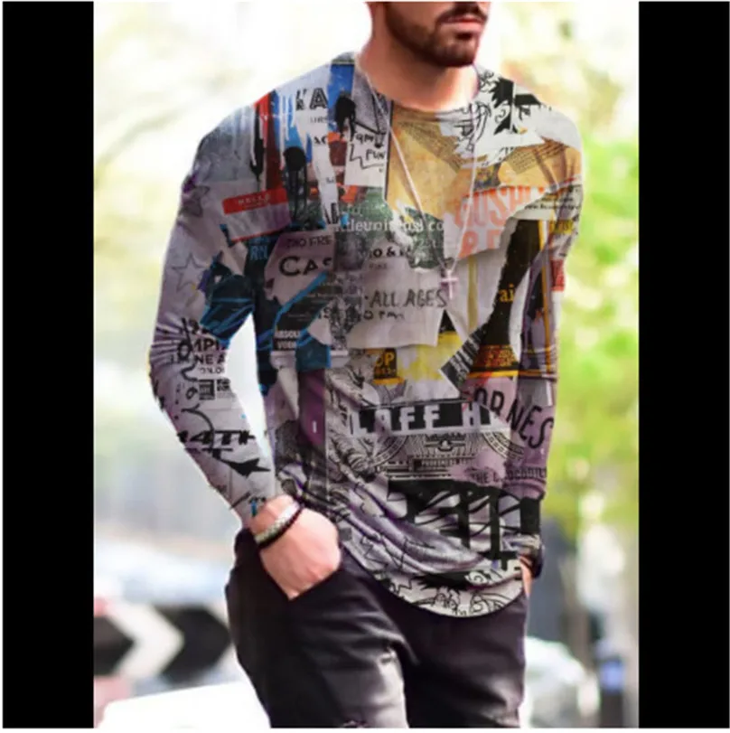 Spring Autumn Long Sleeve Men\'s 3D T-Shirts Tie-dye Street Patchwork Pattern Printing Male Tops 6XL Plus Size Loose Casual Tees