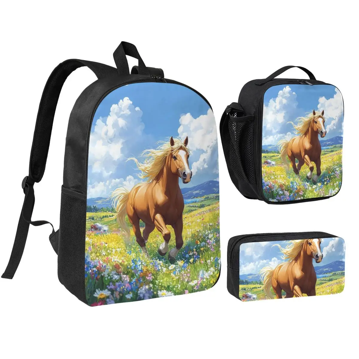 Vintage Horse Running Among Green Flowers Backpack Kids BookBag School Bag Shoulder Bags 3ps Insulated Lunch Bag Pencil Case