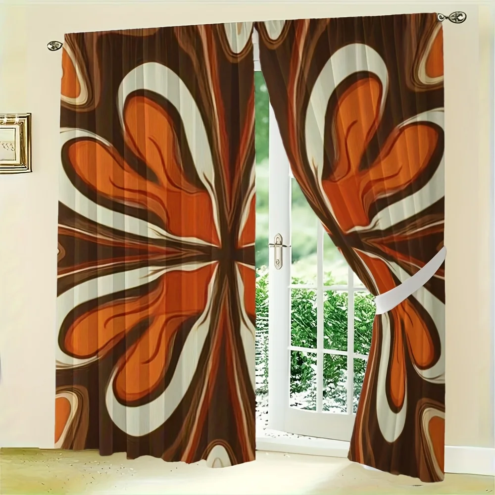2pcs Retro Swirl Curtains No Rod  Brown Orange Mid-Century Abstract Blackout for Living Room Bedroom Office Hotel Decor