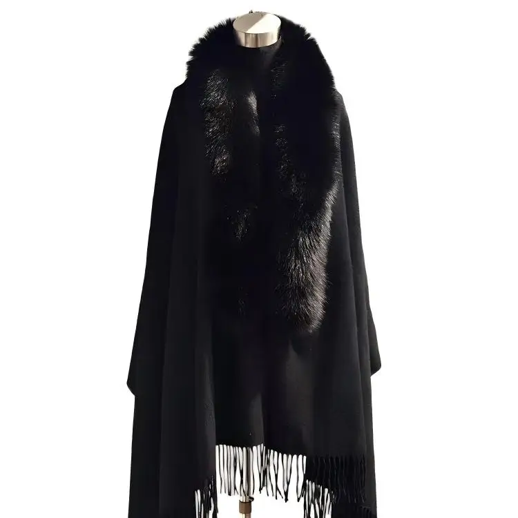 Women's Cashmere Wool Shawl with Real Fox Fur Trim Collar Elegant Winter Cape Wrap