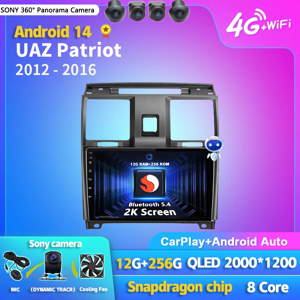 Android 14 Carplay Auto 2K Screen Car Radio BT Multimedia Player For UAZ Patriot 2012 - 2016 Autoradio GPS Stereo 2din Head Unit