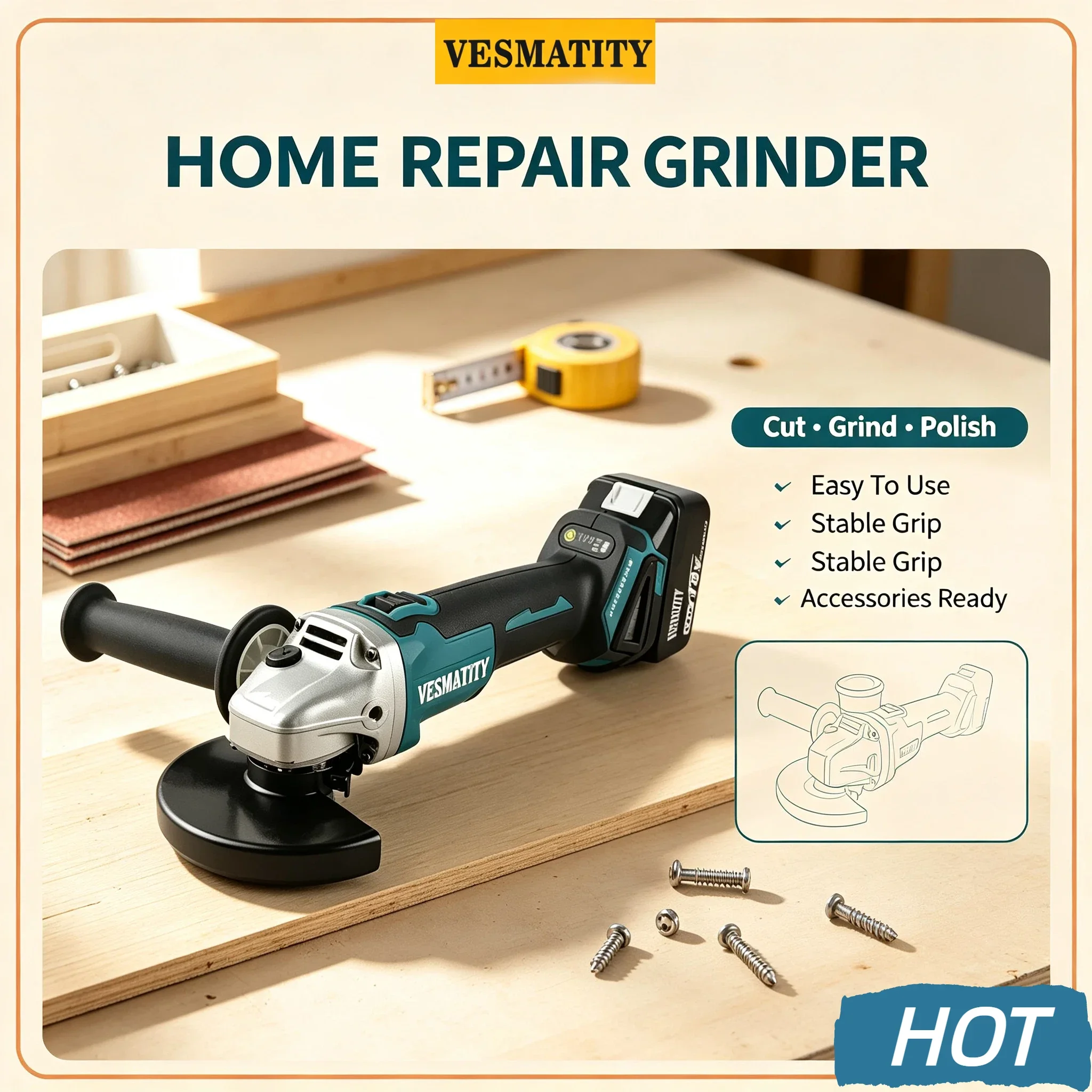 Vesmatity DGA404 Brushless Angle Grinder 100mm Polishing Cutting Cordless Tool 18V 20V Battery Pro Max HD Plus