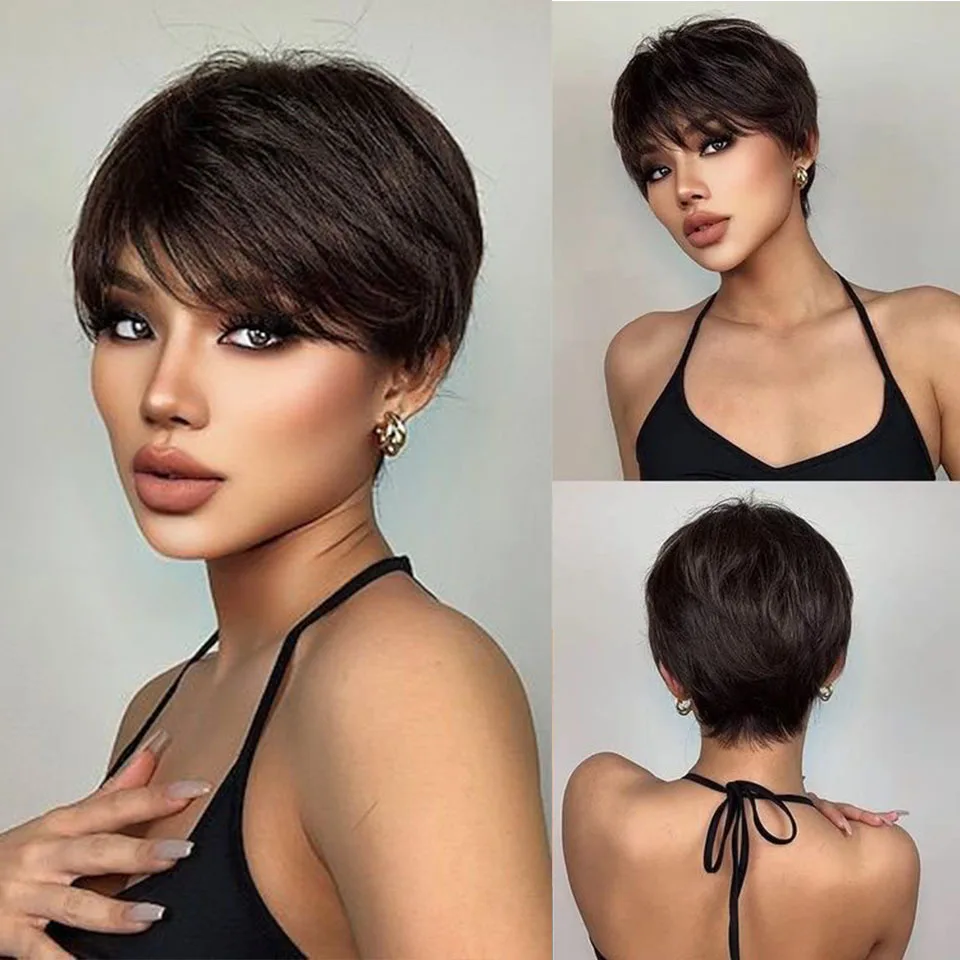 Pixie Cut Wigs Human Hair Wigs For Women Full Machine Made Human Hair Wigs Brazilian Remy Hair Wigs With Bang Short Bob Wigs