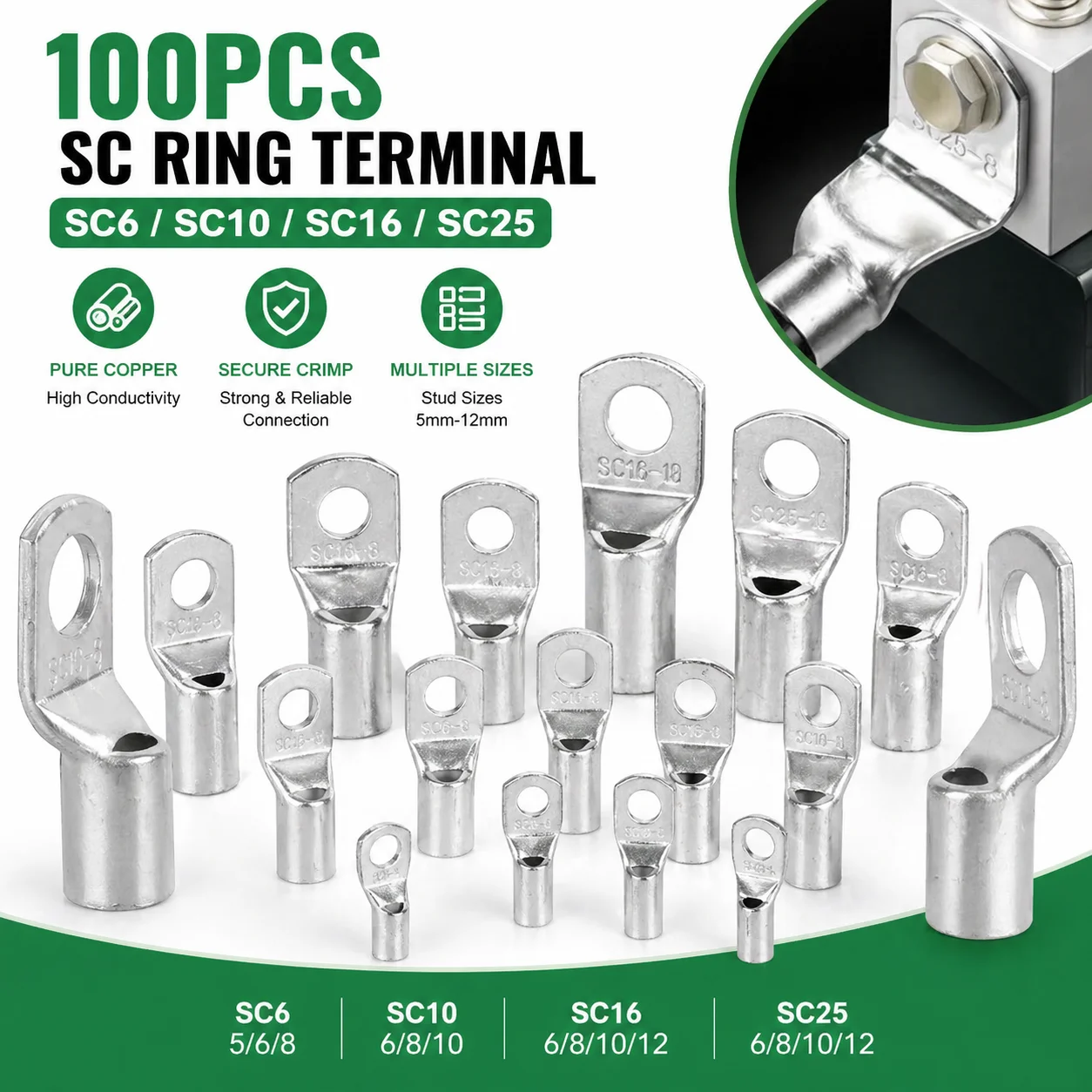 100PCS SC Series Ring Copper Lug Terminal SC6 SC10 SC16 SC25 Bare Wire Electric Crimp Connector