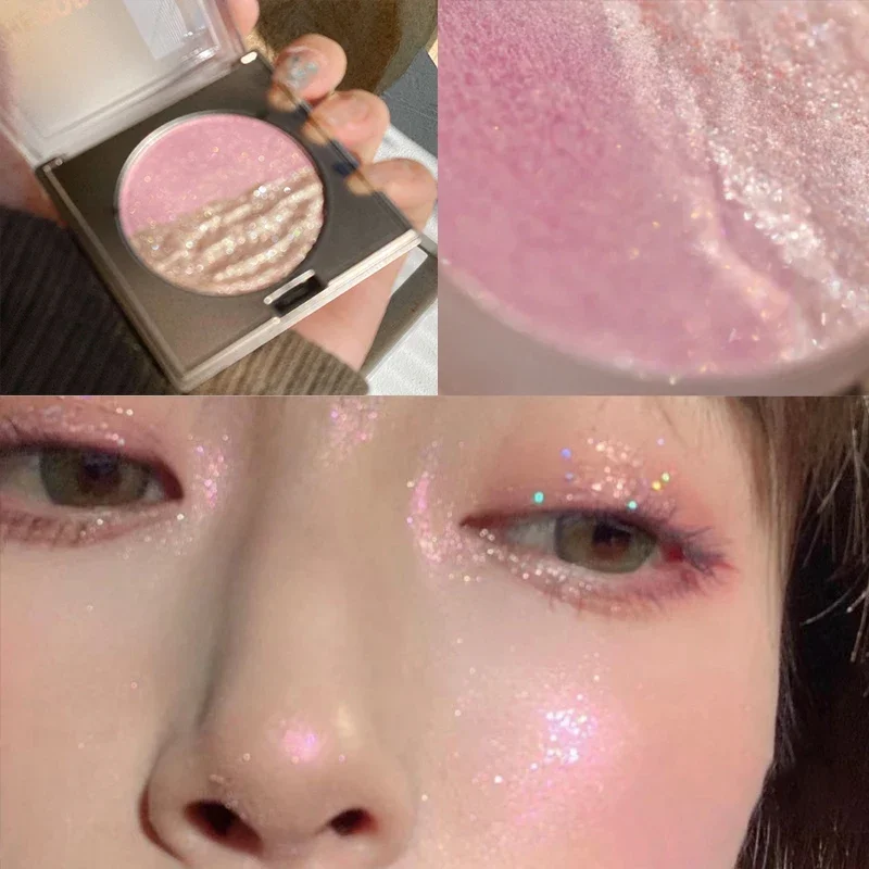 มันฝรั่งบด Highlighter Diamond Double Color Highlight Palette สีชมพูทอง Brighten Glitter Natural Contour Blush แต่งหน้า