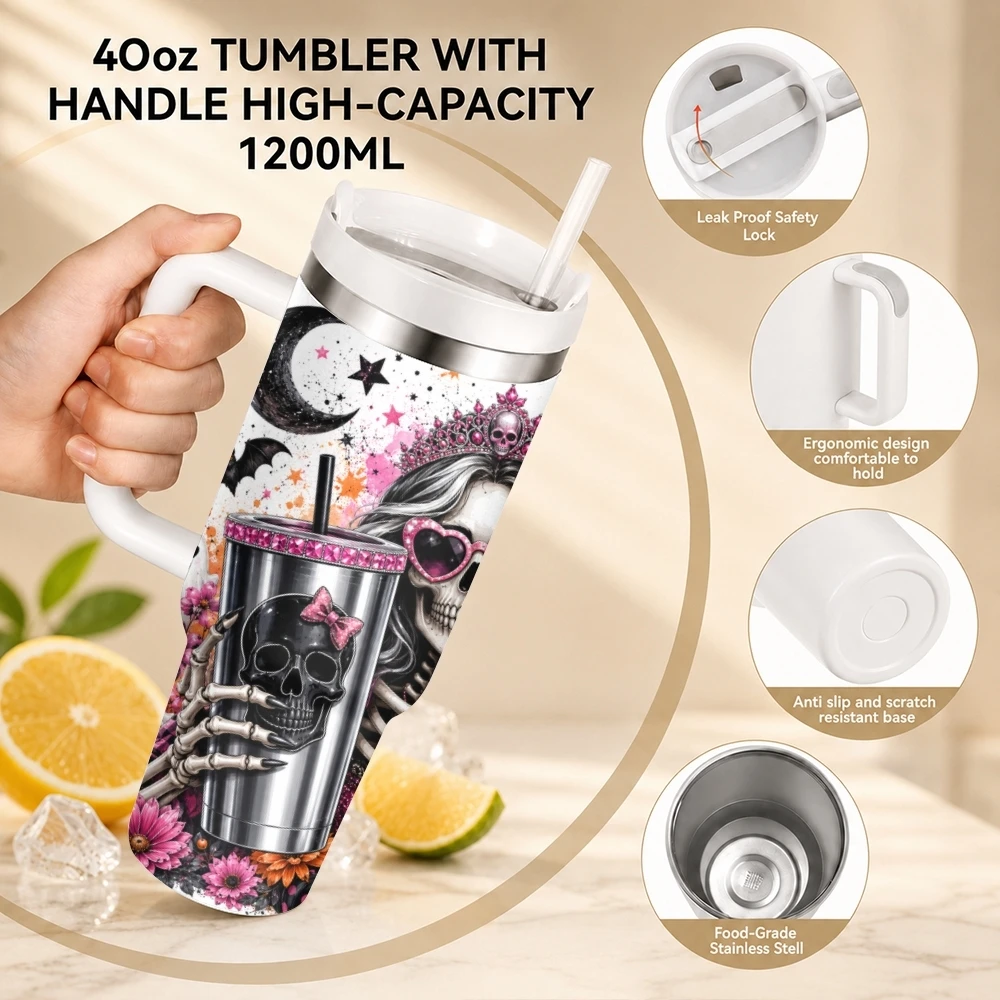 The Ghostly Witch Vacuum Flasks 40oz Stainless Steel Travel Tumbler with Handle Straw Lid Double Wall Vacuum Insulated