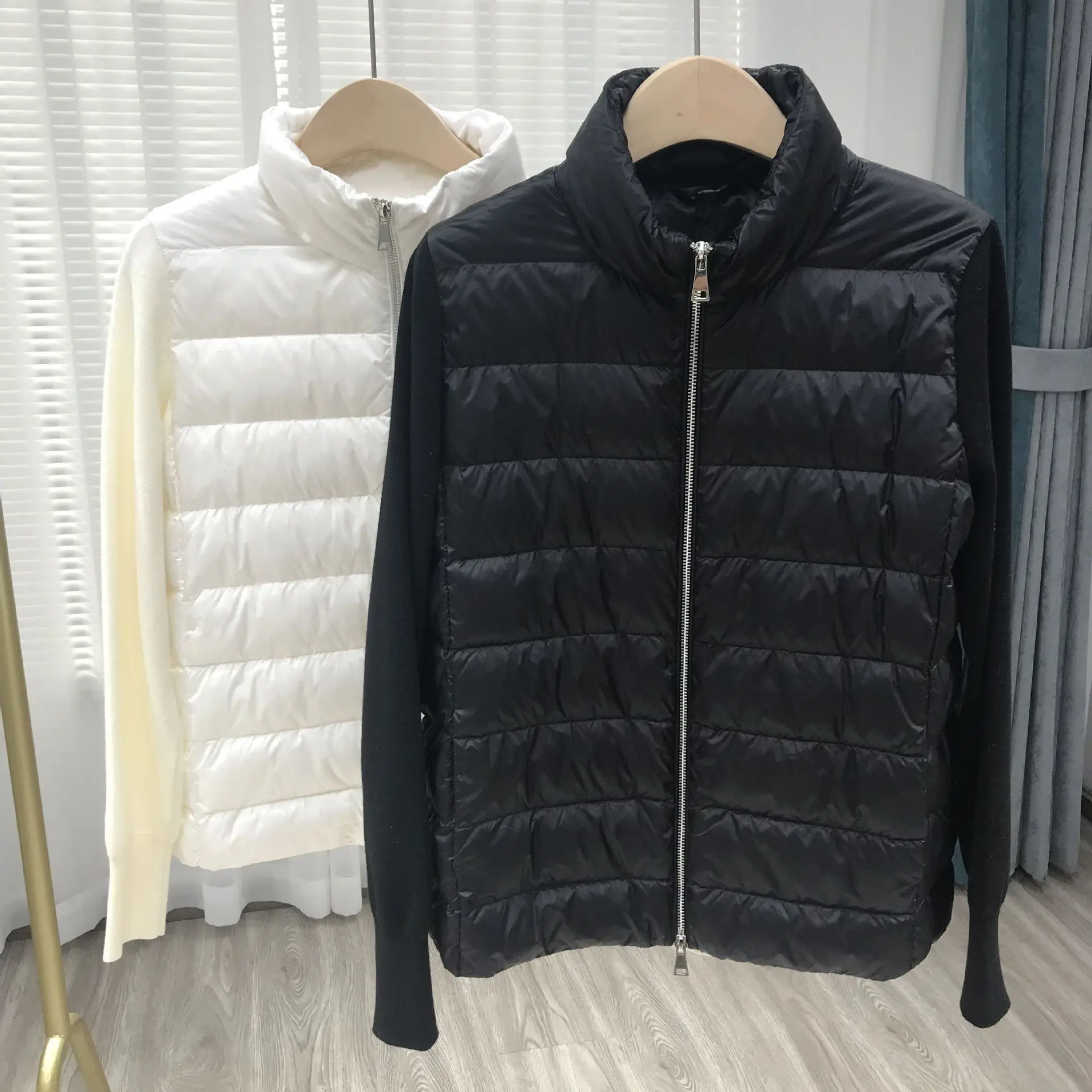 Spring and Autumn New Women's Down Jacket Windproof Stand Collar Splicing Knitted White Duck Down Jacket