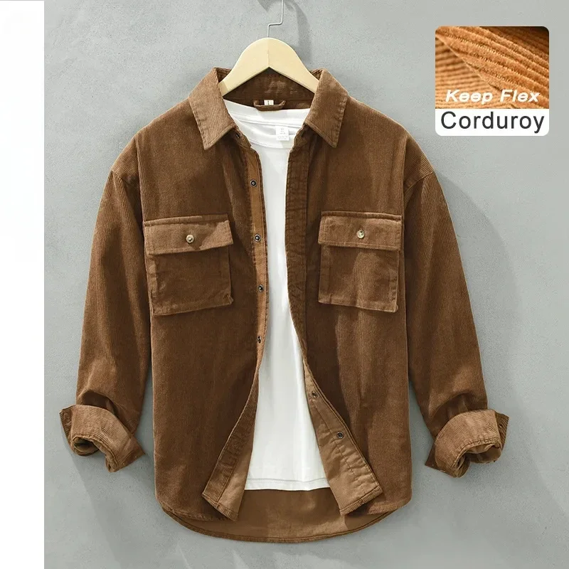 

Autumn New Vintage Cargo Corduroy Shirts for Men Casual 100% Cotton Loose Turn-down Collar Shirts DN6631