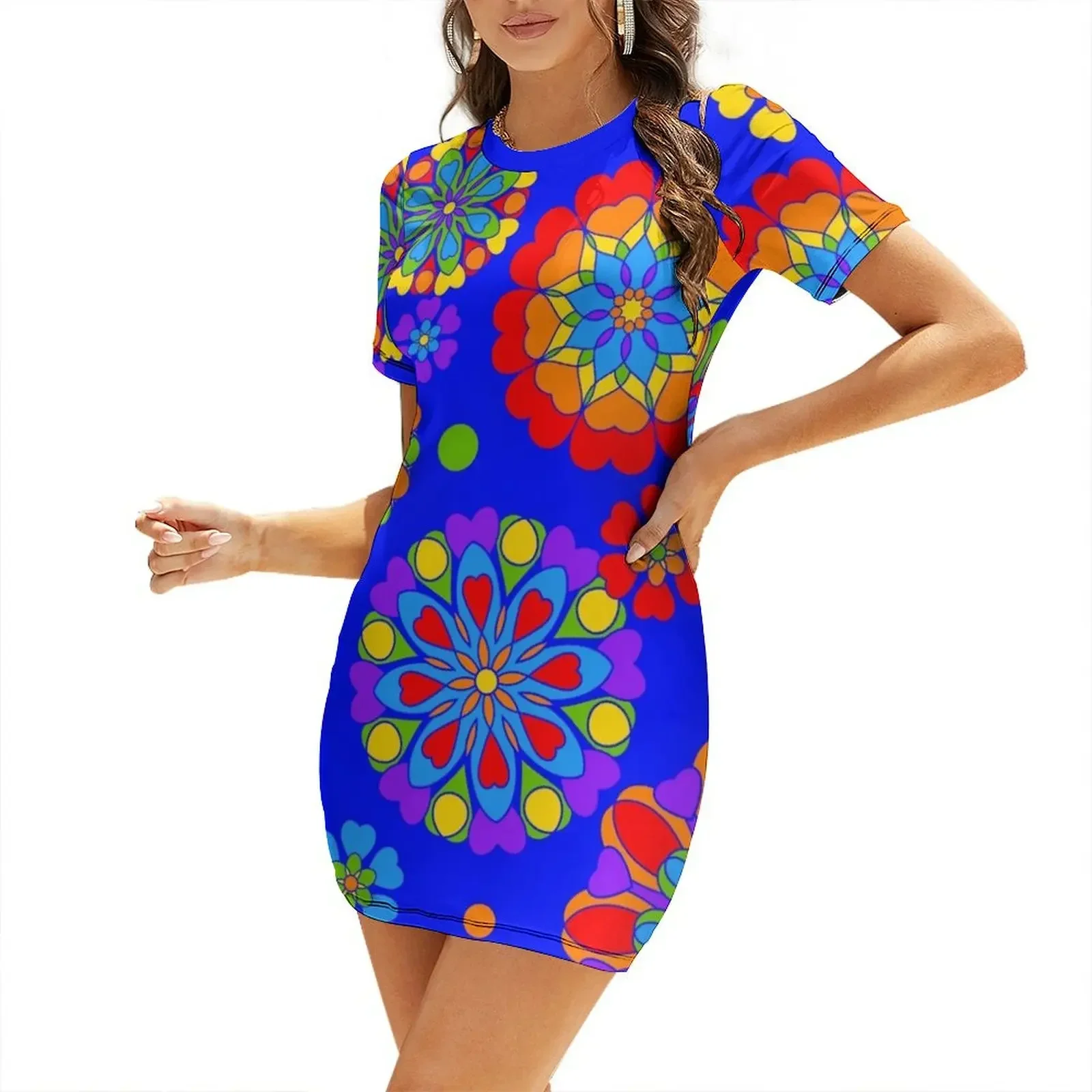 

Rainbow Flowers Hippy Hearts Love Design Short-Sleeved Dress woman dress Dress women Cocktail of dresses