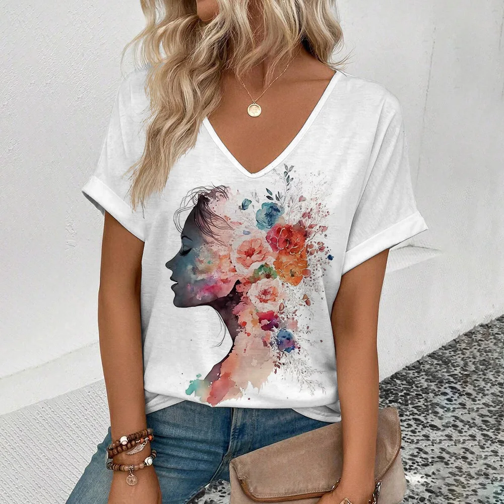 Plant Flower Print T-shirt Daily Loose Comfortable Top Personality Street Fashion Wear With The New Summer Women\'s V-neck Tees