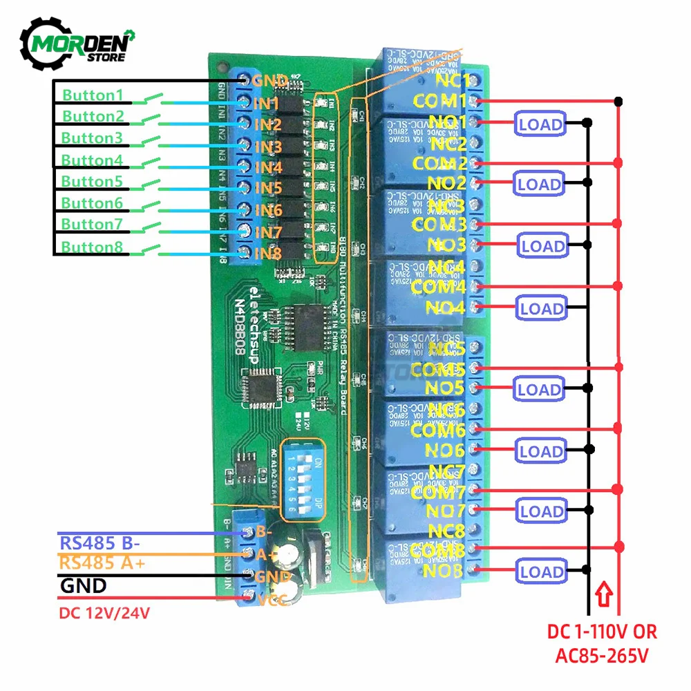 

DC 12V 24V 8 Isolated Input & 8 Output DIN35 C45 Rail Box UART Relay Module RS485 Modbus RTU Control Switch Board Power Supply