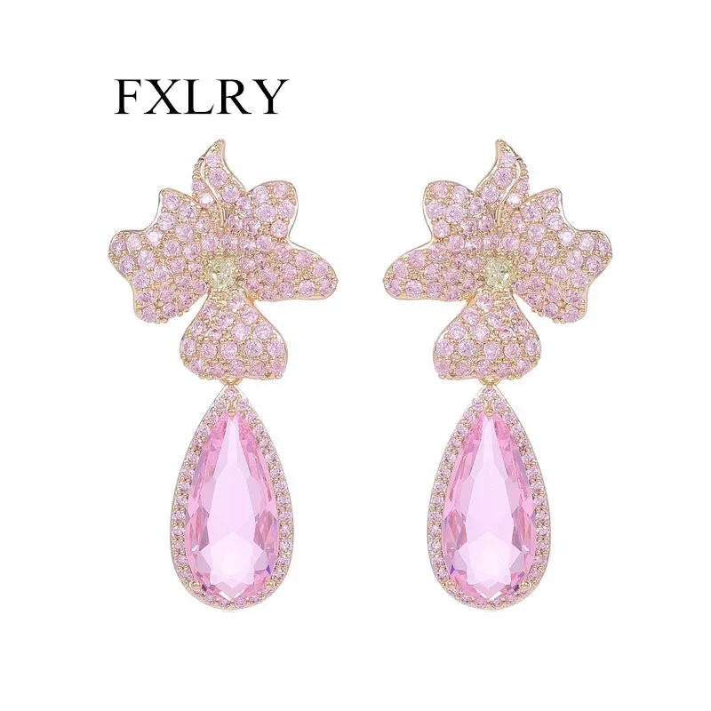 

FXLRY Luxury s925 Silver Needle Colorful Zircon Flower Drop Earrings For Women Wedding Bridal Jewelry