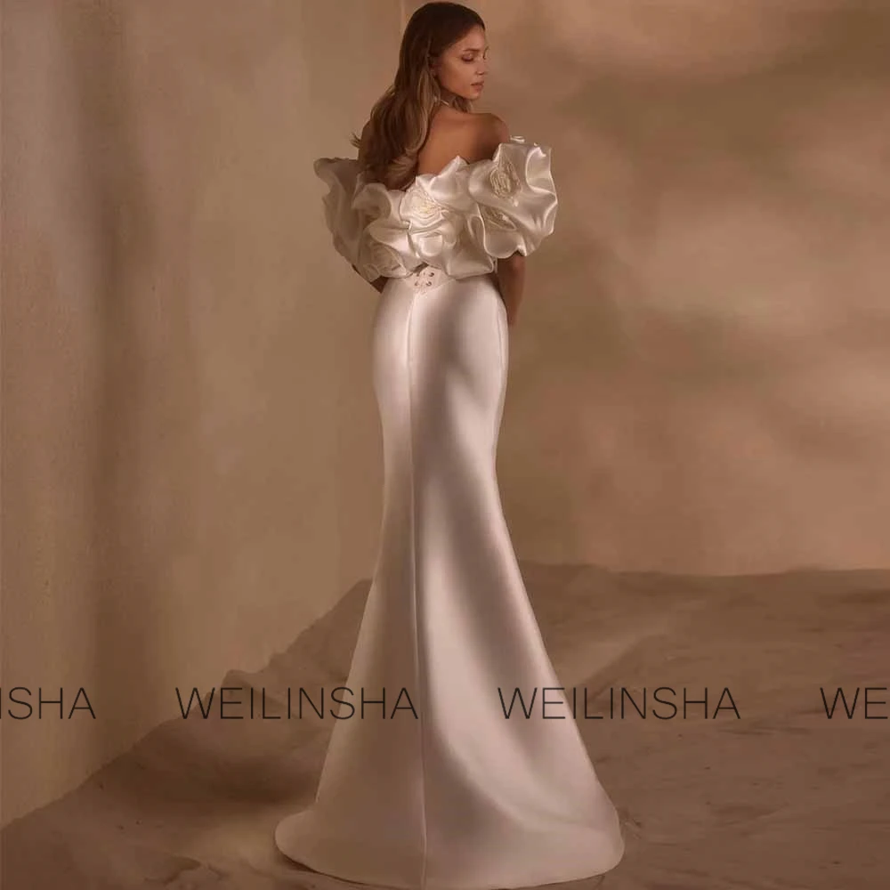 Modern Mermaid Wedding Dresses Satin Trumpet Wedding Party Dresses Ivory Off-the-shoulder Ruched Applique Tailing Wedding Dress
