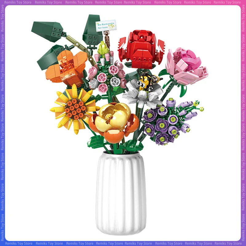 

770pcs Creative Building Blocks Flowers Bouquet Simulate Rose Sunflower DIY Assemble Model Bricks Desktop Decoration Girls Gifts
