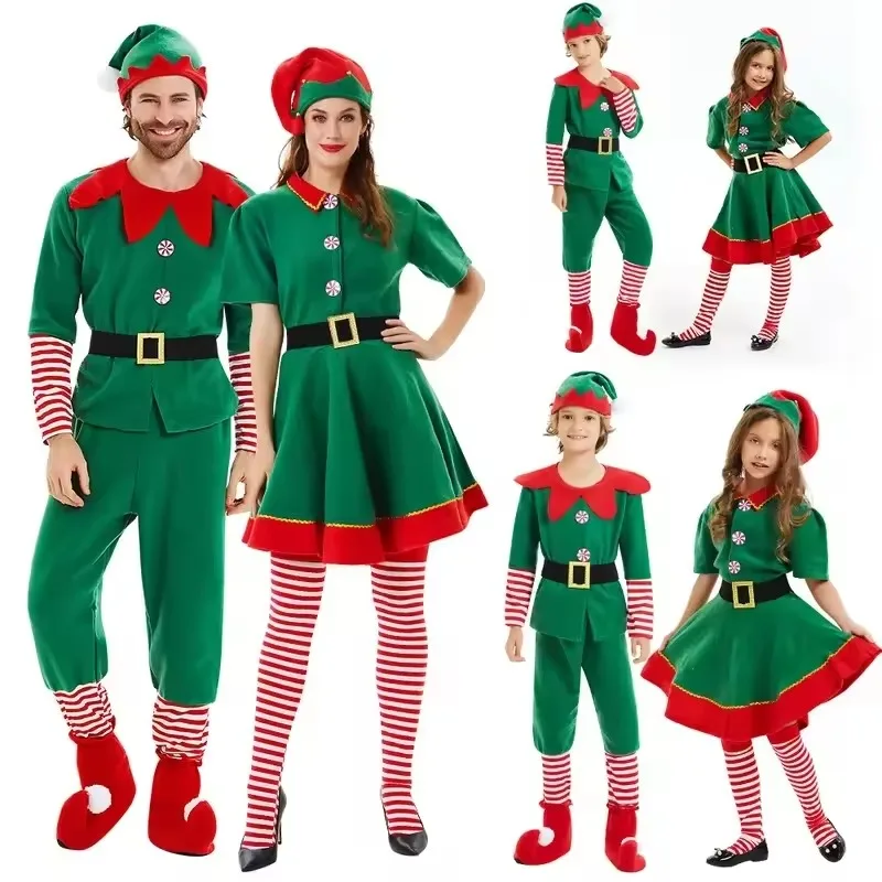 Disfraz familiar de elfo de Navidad para niñas y niños, traje de juego de rol, actuación de fiesta de Papá Noel verde, ropa elegante para hombres y mujeres