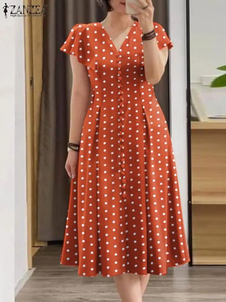 Summer Vintage Polka Dot Printed Mid-calf Dress 2024 ZANZEA Women V Neck Short Sleeve Sundress Fashion Party Vestido Robe Femme