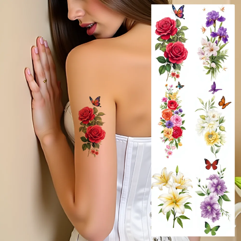 

9pcs Temporary Tattoo Tulips Waterproof Long-lasting Body Stickers Hibiscus And Bee Yellow Flowers Temporary Tattoo Stickers For