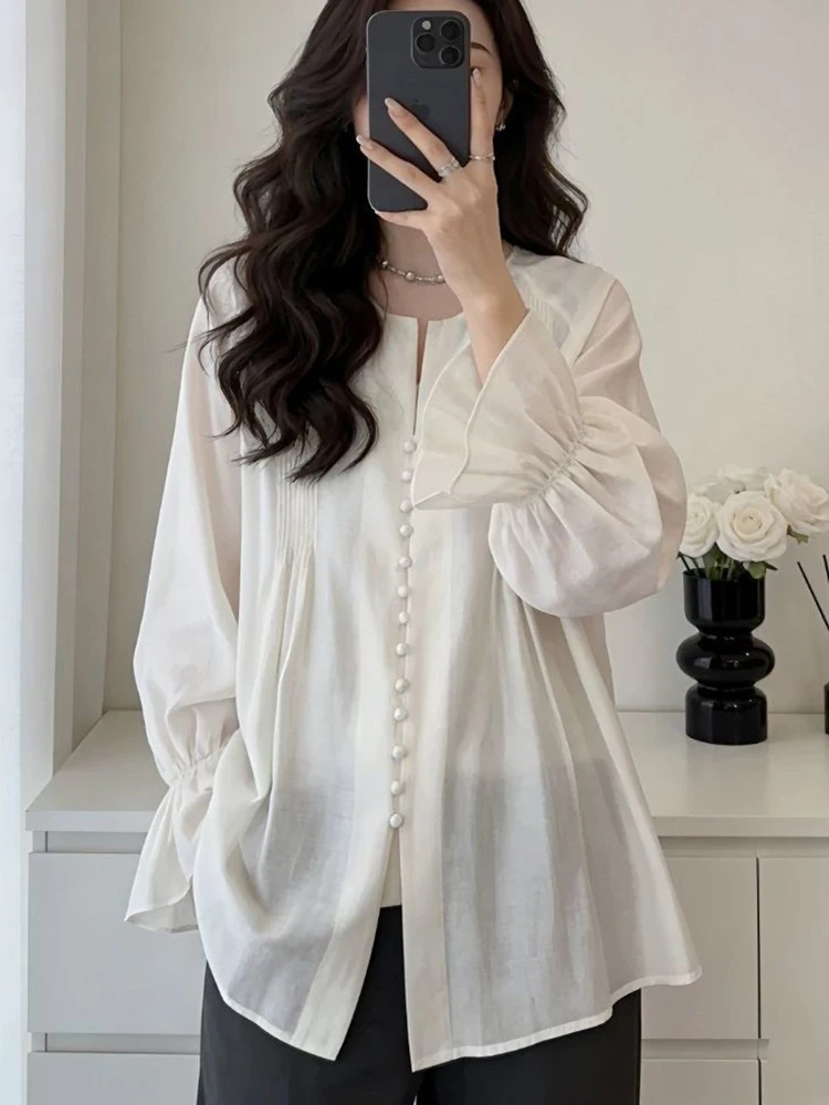 

Vintage See Through Proof Blouse Women Loose Sweet Flare Sleeve Elegant Shirt Spring Summer Retro Female Soft Solid Tops New