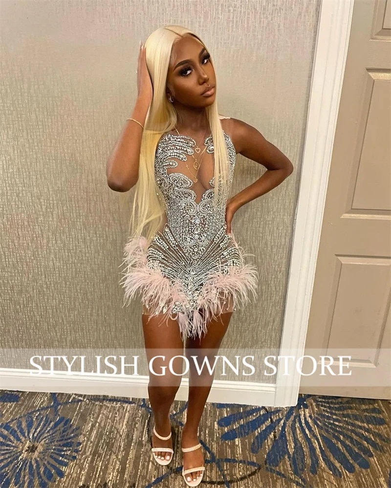 Sparkly Sheer O Neck Short Prom Dress Beaded Crystal Diamond Birthday Party Gowns Feather Mini Cocktail Homecoming Customized