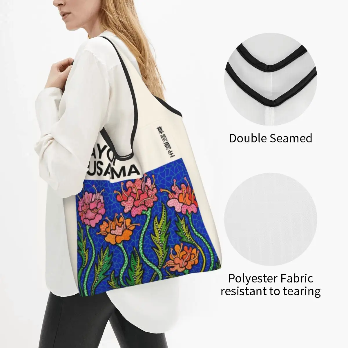 Reusable Yayoi Kusama Summer Flower Exhibition Grocery Bag Washable Shopping Bag 50LBS Extra Large Totes Storage Bag Lightweight